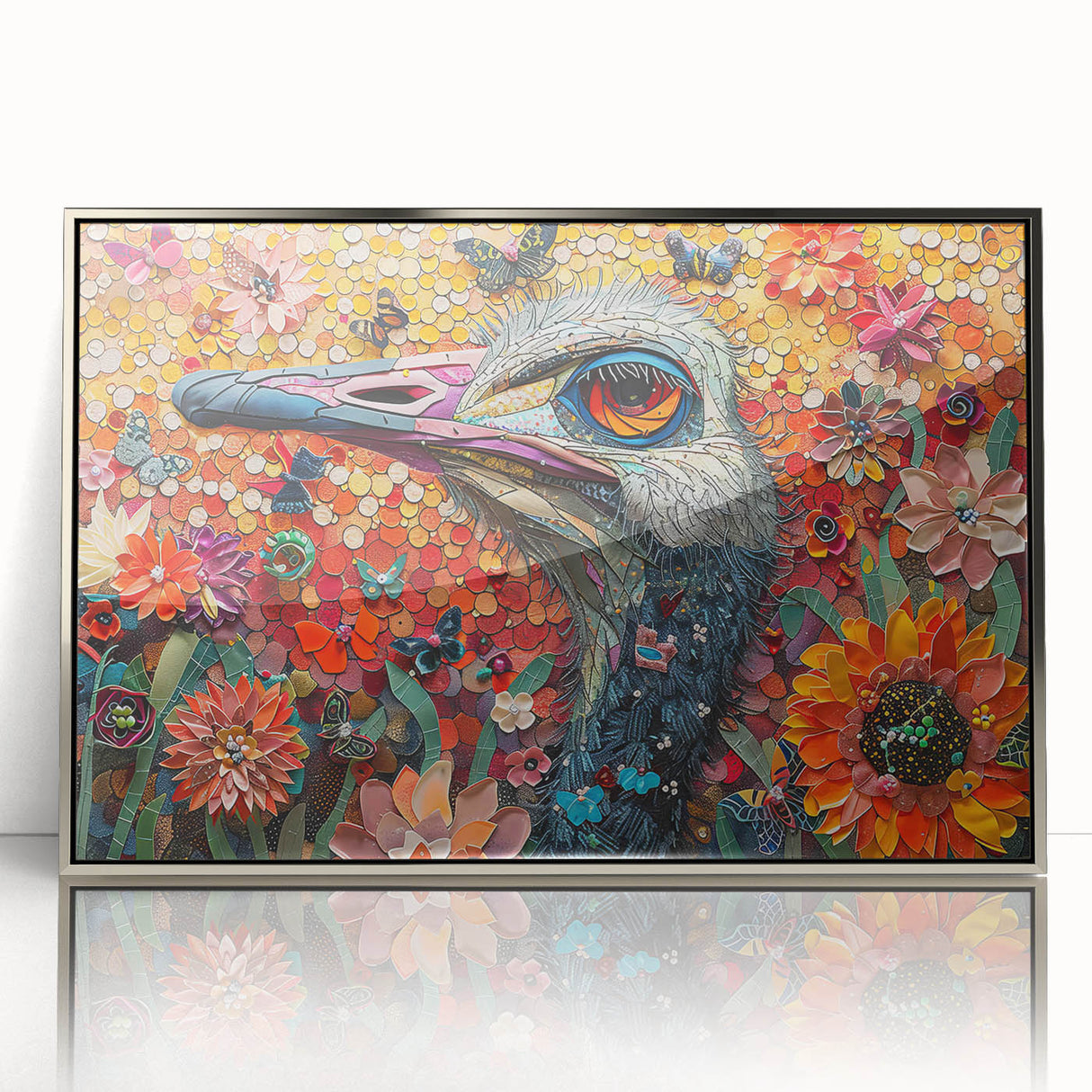 Framed acrylic wall art featuring a vibrant ostrich design, showcasing intricate details and a sleek silver frame, perfect for modern home decor.