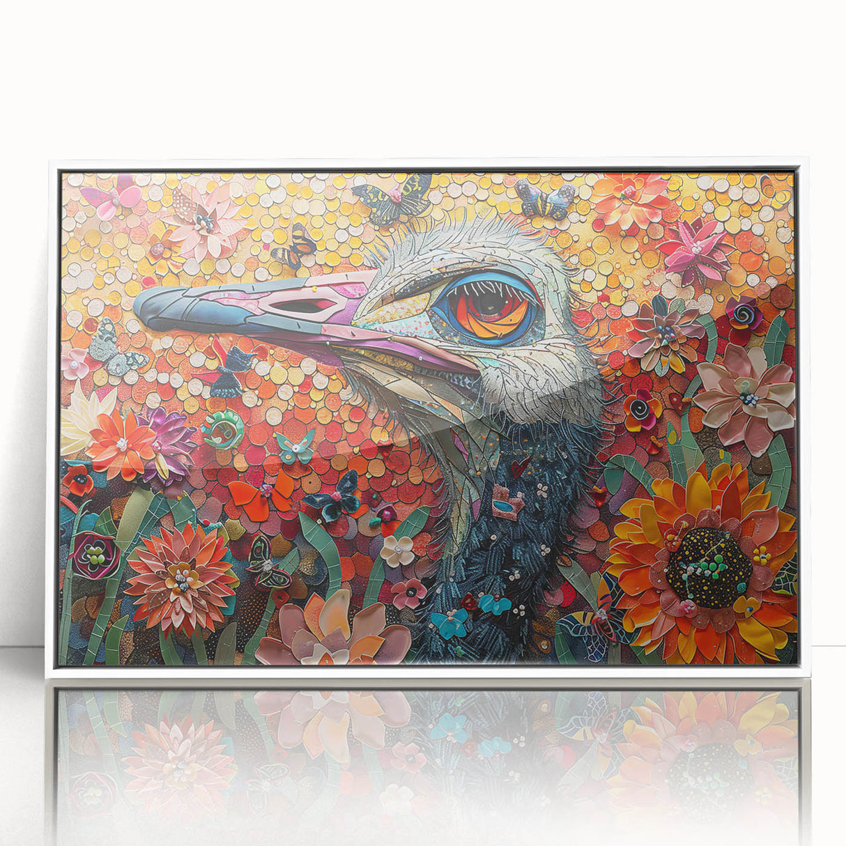 Framed wall art featuring a stylish ostrich design on acrylic, presented in a sleek white frame, perfect for modern home decor. Ideal for animal lovers and art enthusiasts.