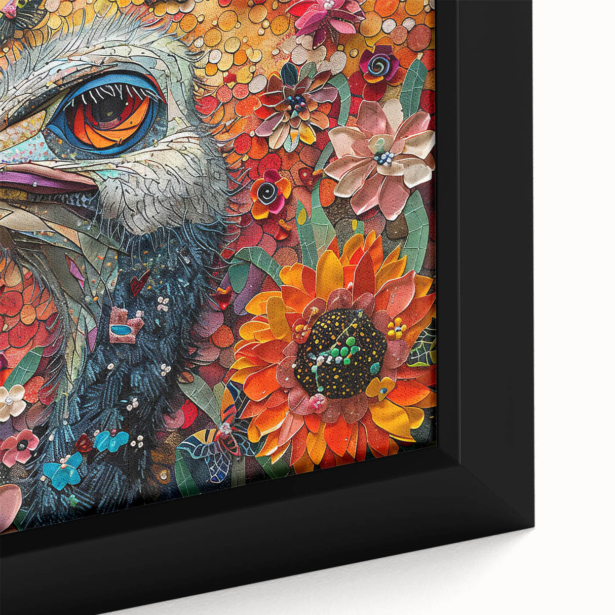Framed canvas wall art featuring a close-up design of colorful ostriches, showcasing intricate details and textures, perfect for home decor enhancement.