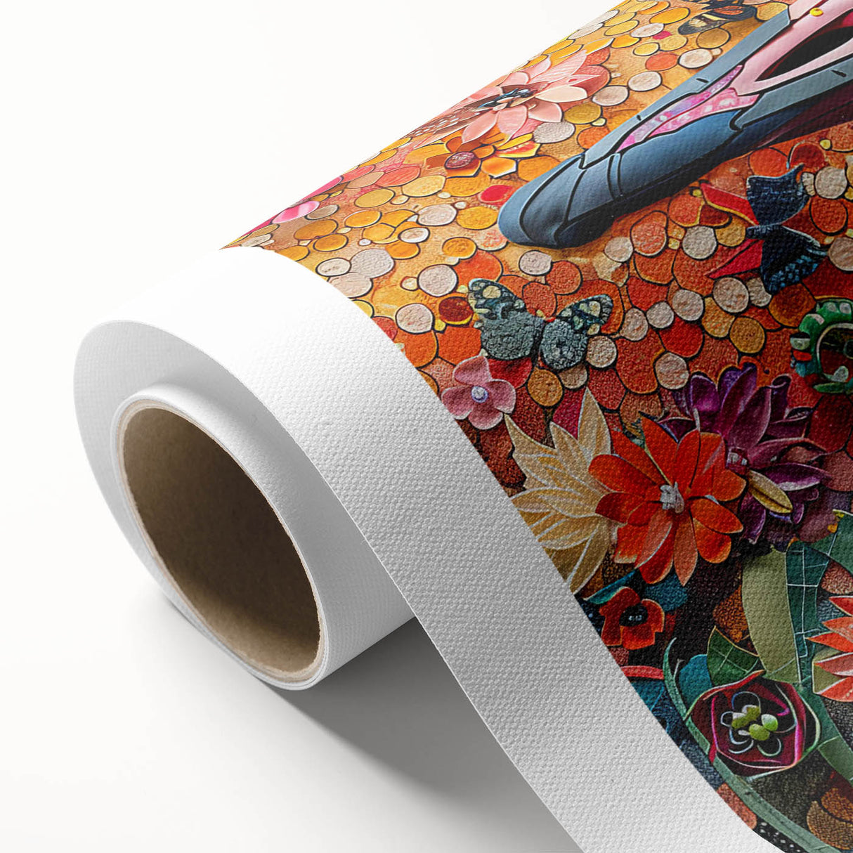Vibrant rolled canvas showcasing an artistic ostrich design, part of a unique collection, ideal for enhancing modern decor with its colorful and textured surface.