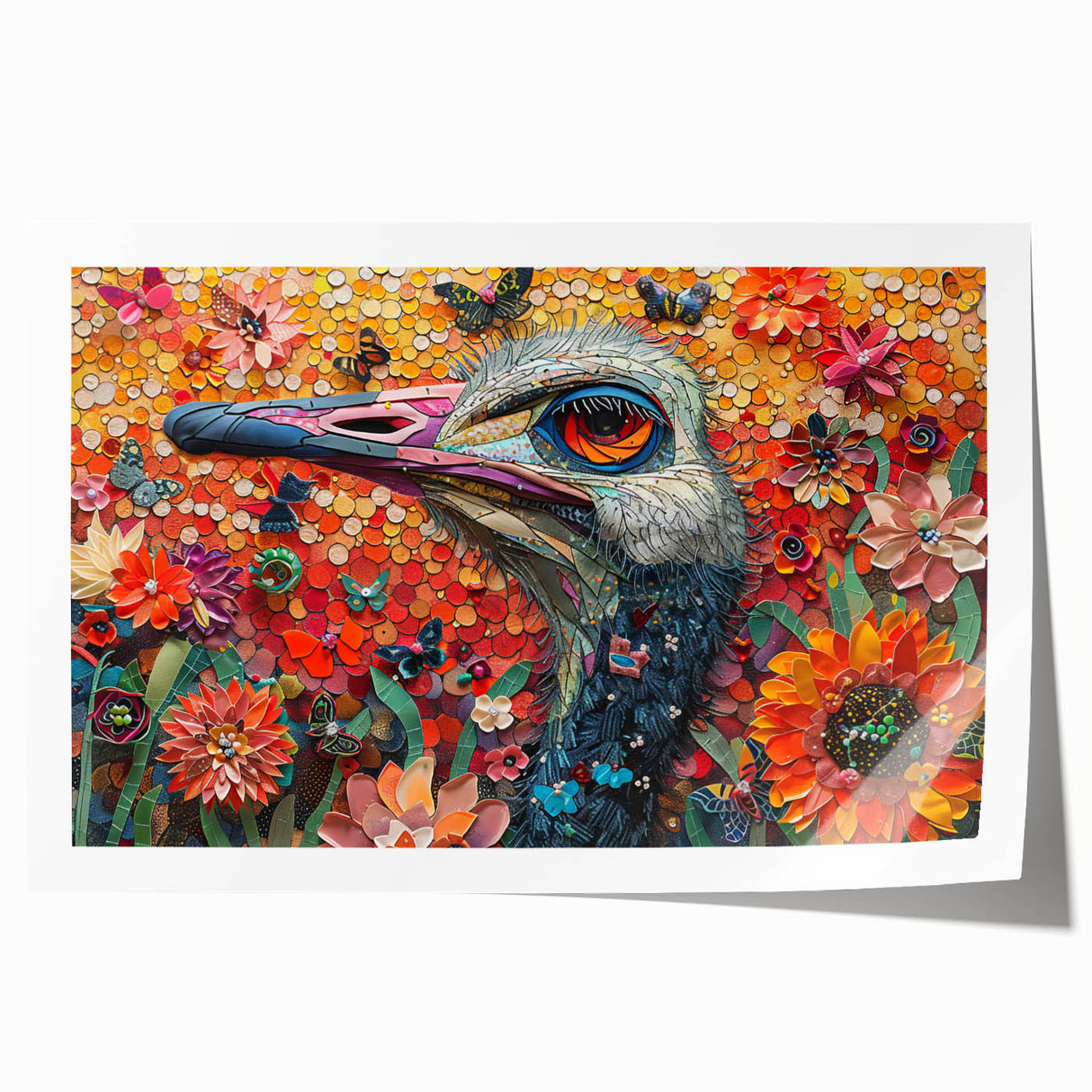 Vibrant rolled wall art print featuring a detailed ostrich design, showcasing intricate patterns and colors, ideal for enhancing contemporary home decor.