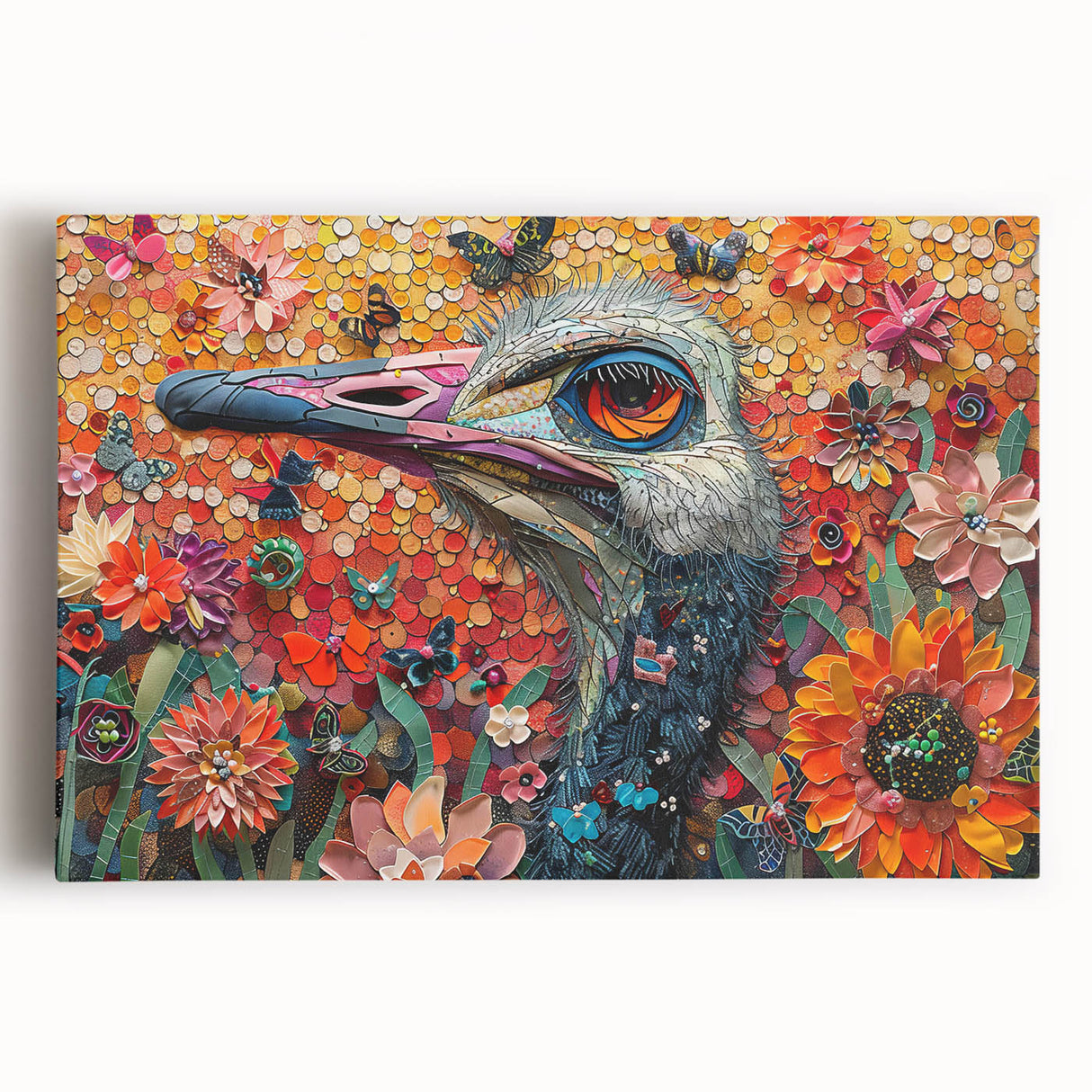 Vibrant stretched canvas wall art featuring a colorful ostrich design, showcasing intricate details and textures, perfect for enhancing modern home decor.