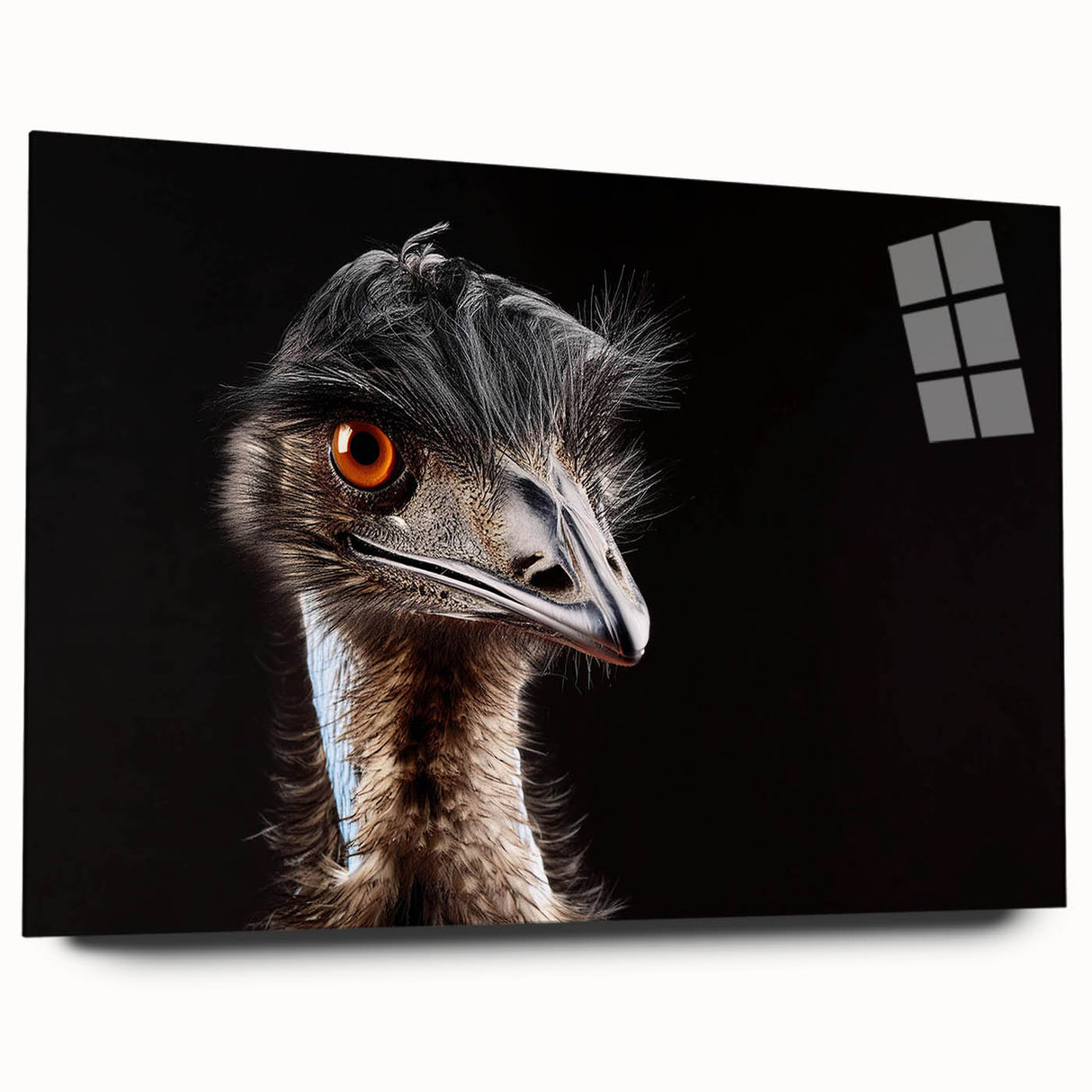 Side view of a modern acrylic glass wall art piece featuring an elegant ostrich design, showcasing vibrant colors and intricate details, perfect for contemporary decor.