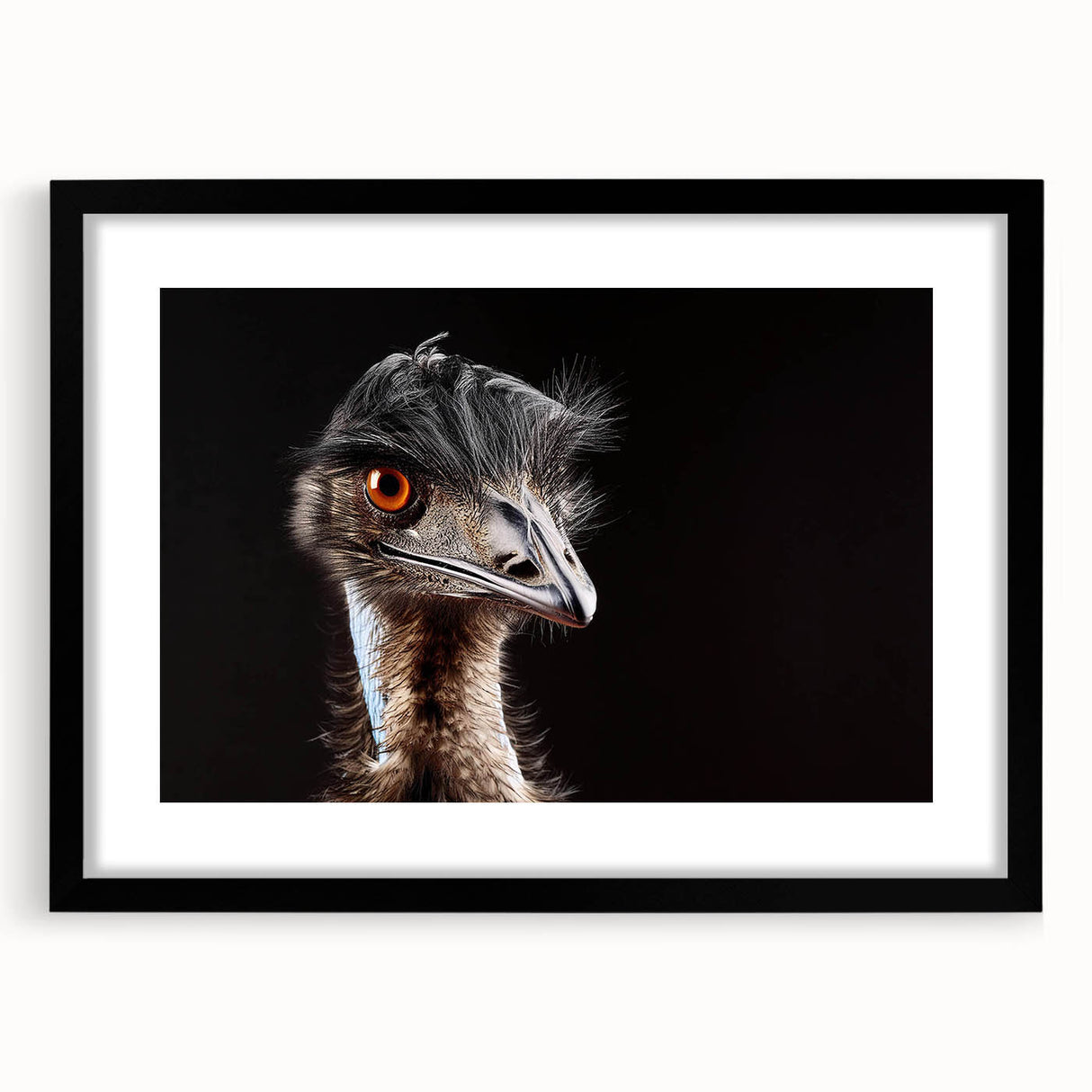 Black-framed wall art featuring a striking ostrich design, ideal for modern decor. The artwork showcases vibrant colors and intricate details, enhancing any room's aesthetic.