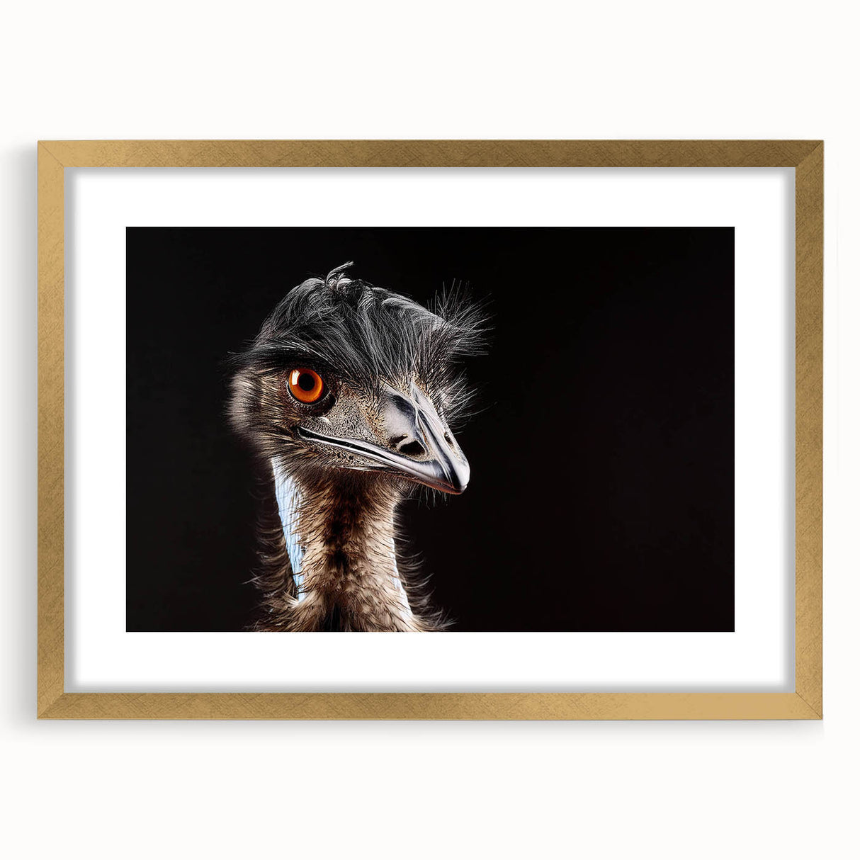 Gold-framed wall art featuring a detailed ostrich design, elegantly matted and showcased from the front, ideal for enhancing modern decor aesthetics.