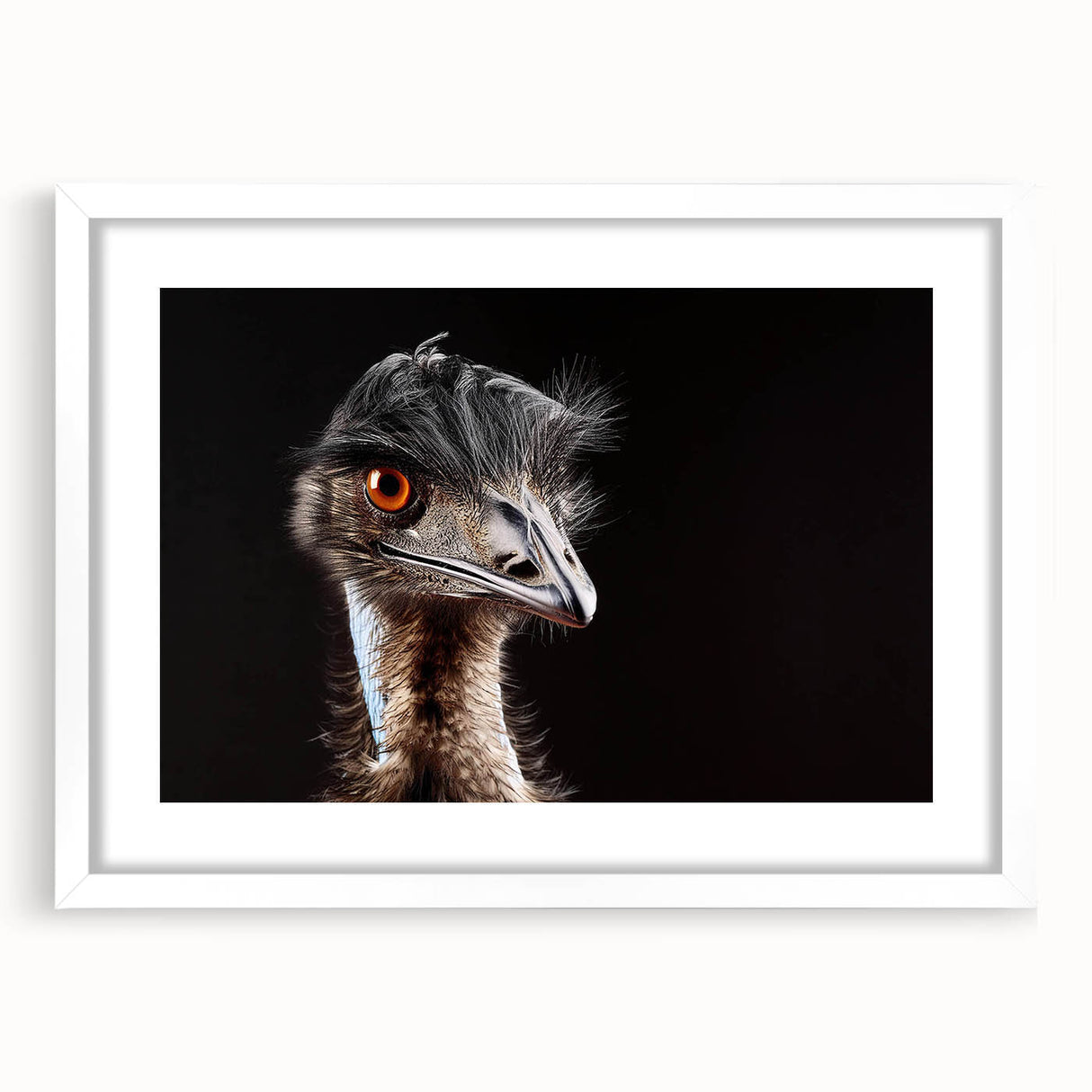 Ostrich-themed wall art framed in white with a mat, showcasing intricate design details. Perfect for modern home decor, adding a touch of nature-inspired elegance.
