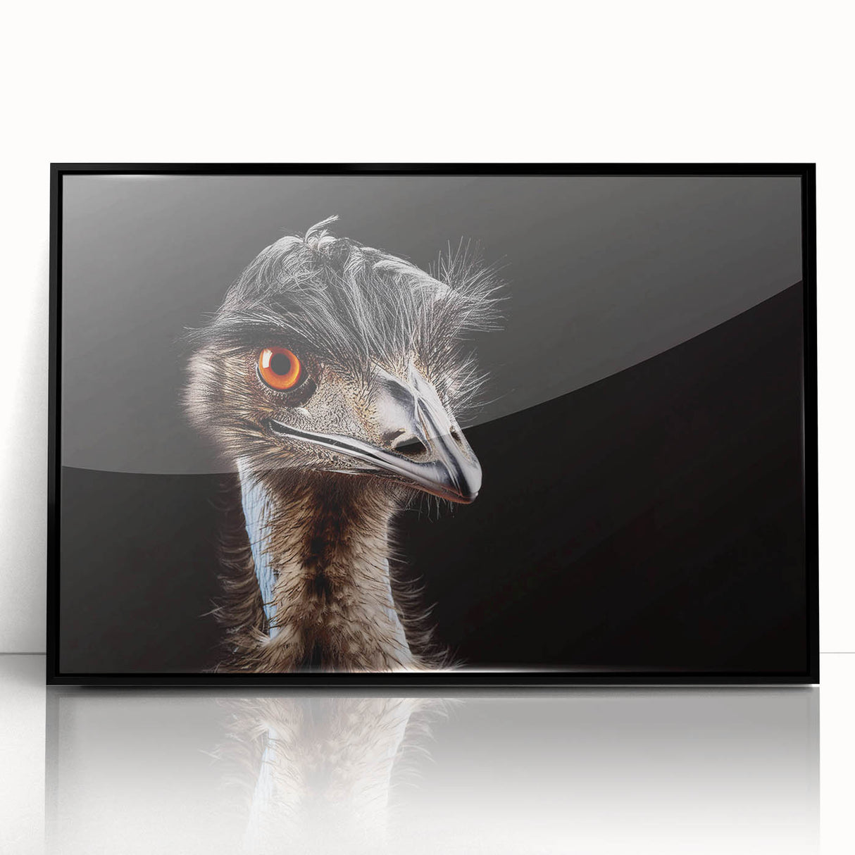 Framed wall art showcasing a vibrant ostrich design, featuring intricate details and a sleek black frame, perfect for modern home decor and art enthusiasts.