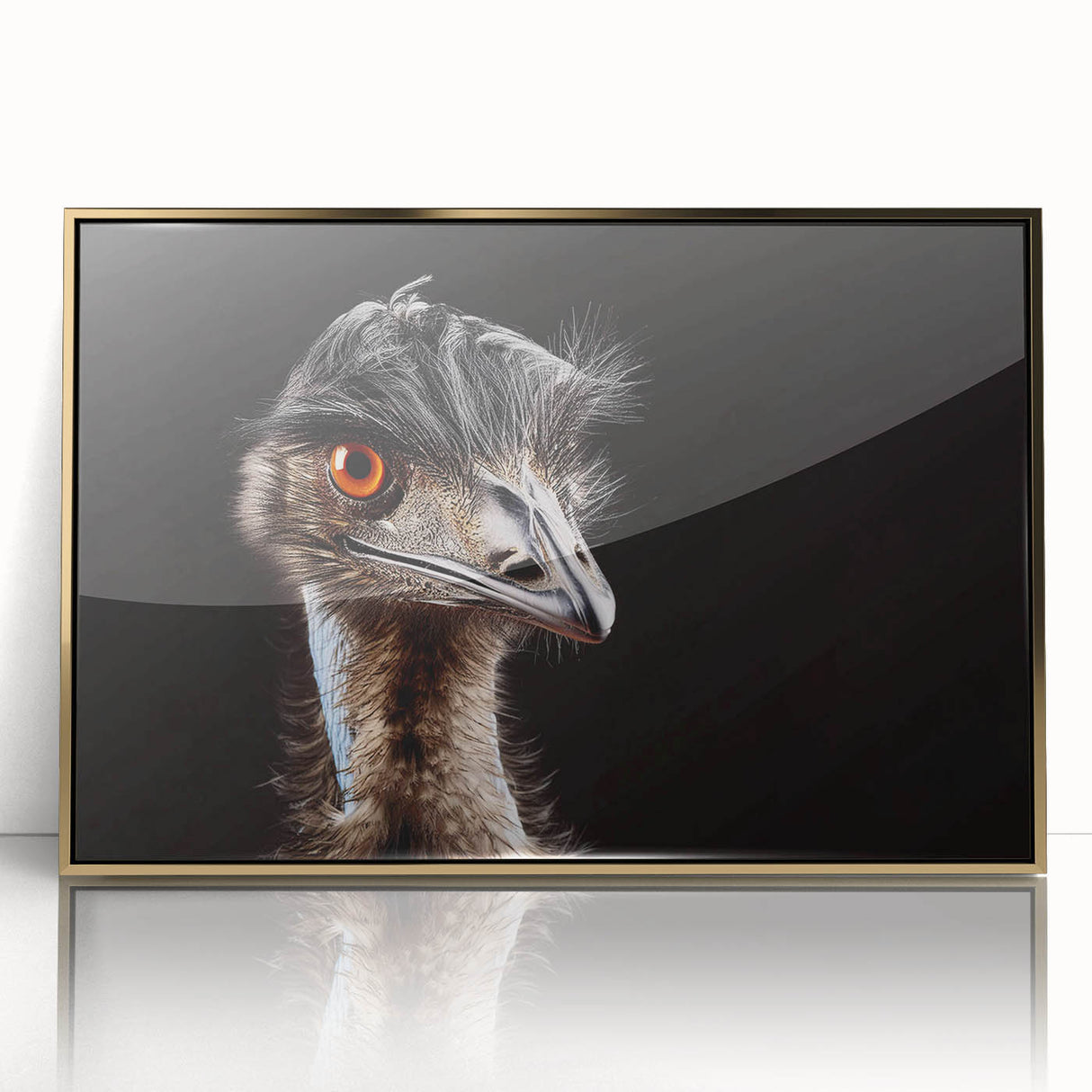 Framed wall art featuring a stylish ostrich design with a gold acrylic front, ideal for modern home decor, enhancing living spaces with elegance.