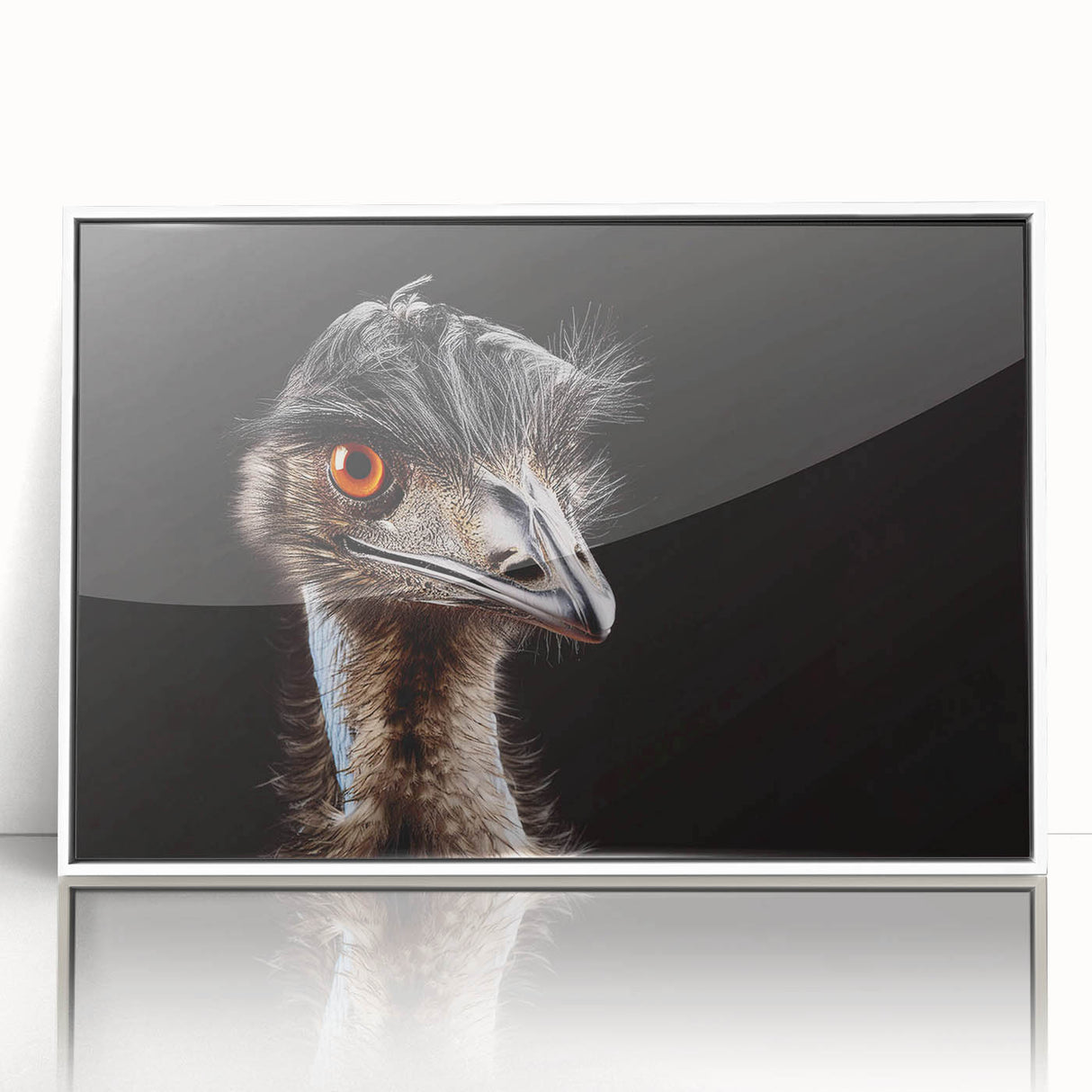 Framed acrylic wall art featuring a vibrant ostrich design, showcasing intricate details and bold colors, ideal for adding a contemporary touch to home decor.