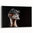 Framed wall art featuring a stylish black and white ostrich design on canvas, perfect for modern home decor. The piece showcases intricate details and a sleek profile, ideal for accentuating any living space.