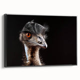 Framed wall art featuring a stylish black and white ostrich design on canvas, perfect for modern home decor. The piece showcases intricate details and a sleek profile, ideal for accentuating any living space.