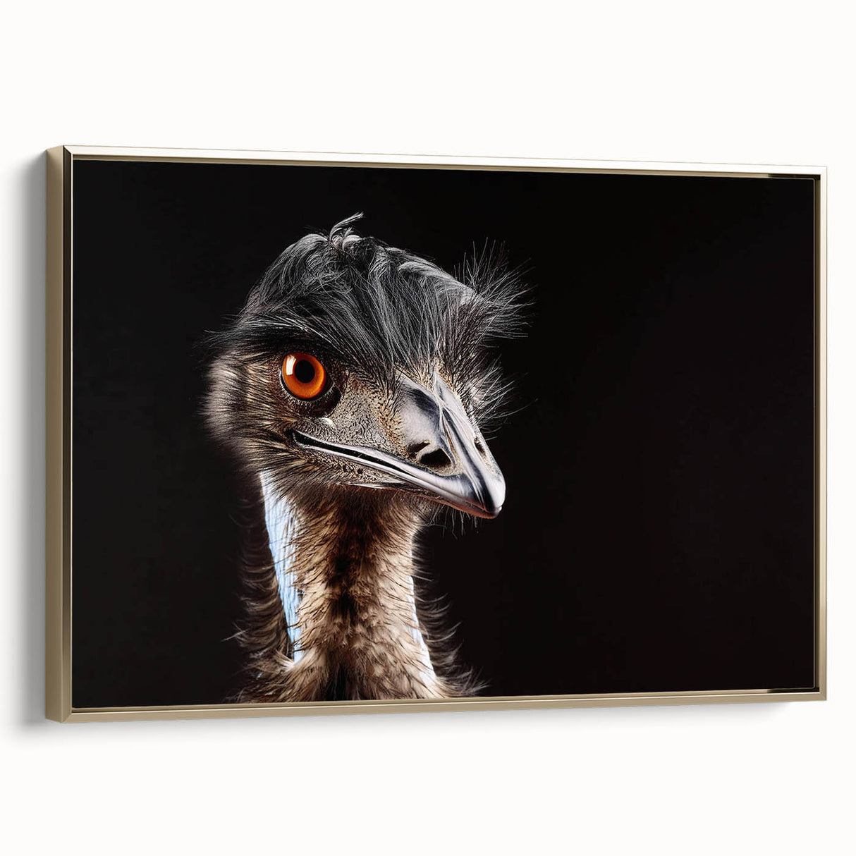 Framed wall art featuring a side view of an elegant ostrich design in gold tones, perfect for modern home decor or art collectors seeking unique pieces.