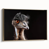 Framed wall art featuring a side view of an elegant ostrich design in gold tones, perfect for modern home decor or art collectors seeking unique pieces.