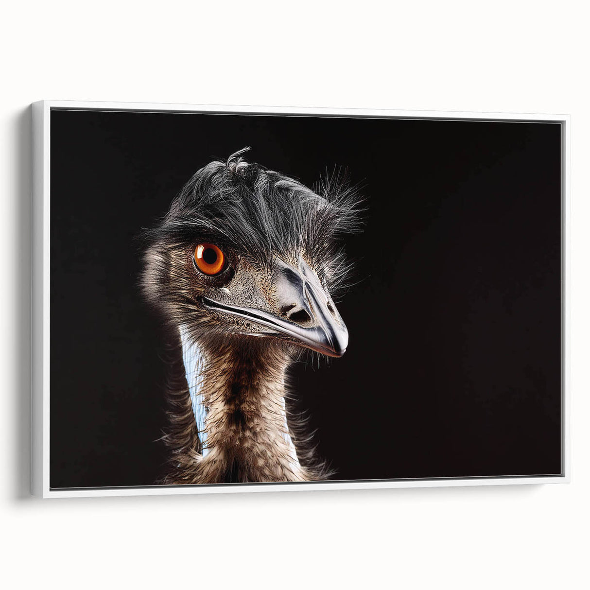 Framed canvas wall art featuring a vibrant ostrich design in a modern style, set against a white background, enhancing contemporary decor with its unique visual appeal and intricate details.