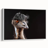 Framed canvas wall art featuring a vibrant ostrich design in a modern style, set against a white background, enhancing contemporary decor with its unique visual appeal and intricate details.