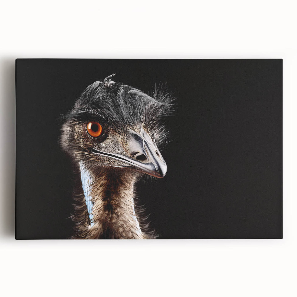 Stretched canvas wall art featuring a vibrant ostrich design, showcasing intricate details and bold colors, perfect for enhancing modern home decor.