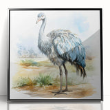 Framed acrylic wall art featuring an intricate ostrich design in vibrant colors, set against a sleek black frame, ideal for modern home decor.