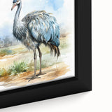 Close-up of a framed canvas print showcasing a vibrant ostrich design in an artistic style, featuring bold colors and intricate detailing, perfect for home decor.