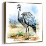 Framed wall art featuring a side view of an elegant ostrich design on a canvas, accented with gold tones, perfect for adding a touch of sophistication to home decor.