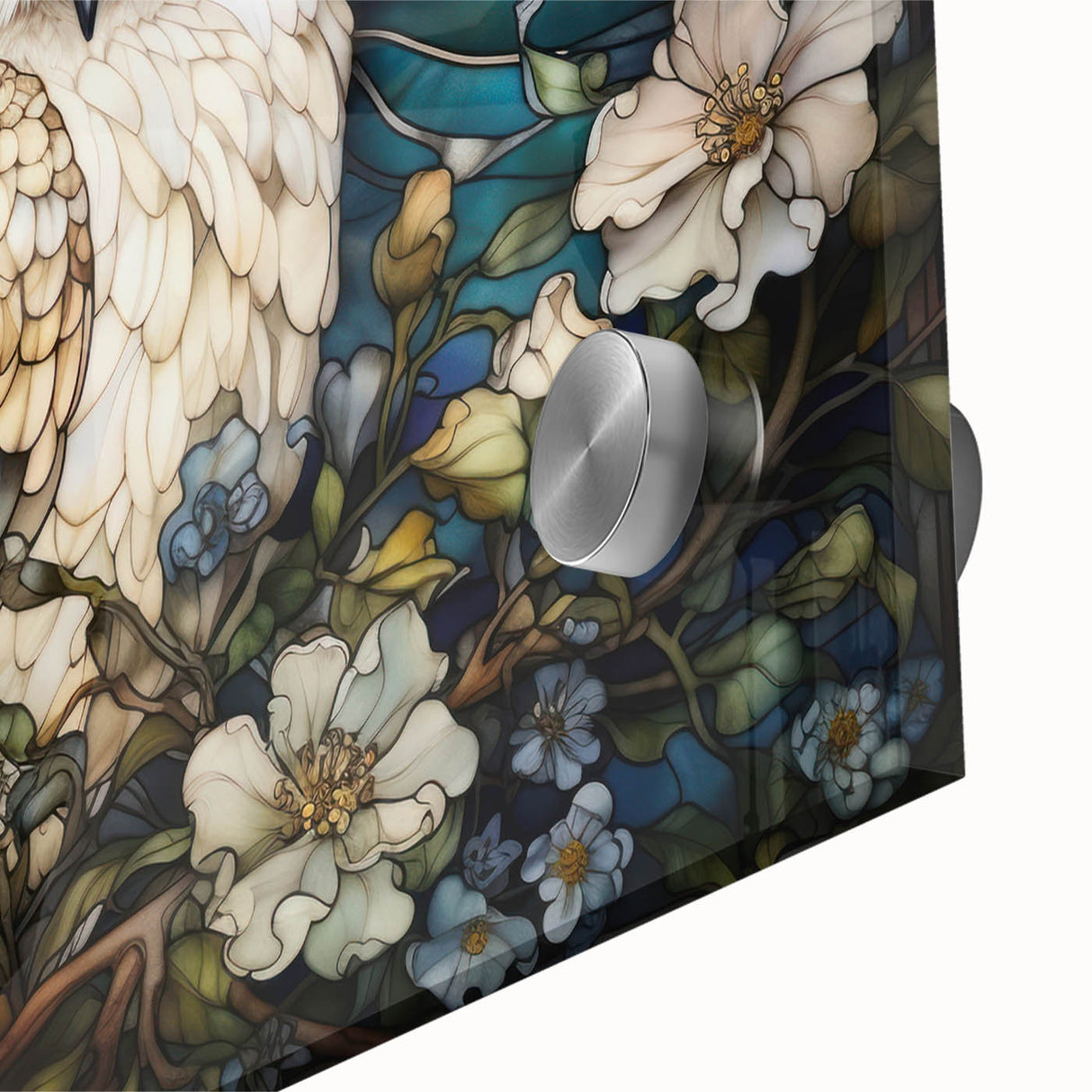 Close-up of a vibrant acrylic glass wall art piece showcasing an intricate owl design, perfect for adding a whimsical touch to any home decor. Rich colors and detailed craftsmanship highlight the unique artistic features of this collectible piece.