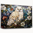 Side view of an acrylic glass wall art piece featuring an intricate owl design, showcasing vibrant colors and detailed craftsmanship, displayed with pins for hanging.