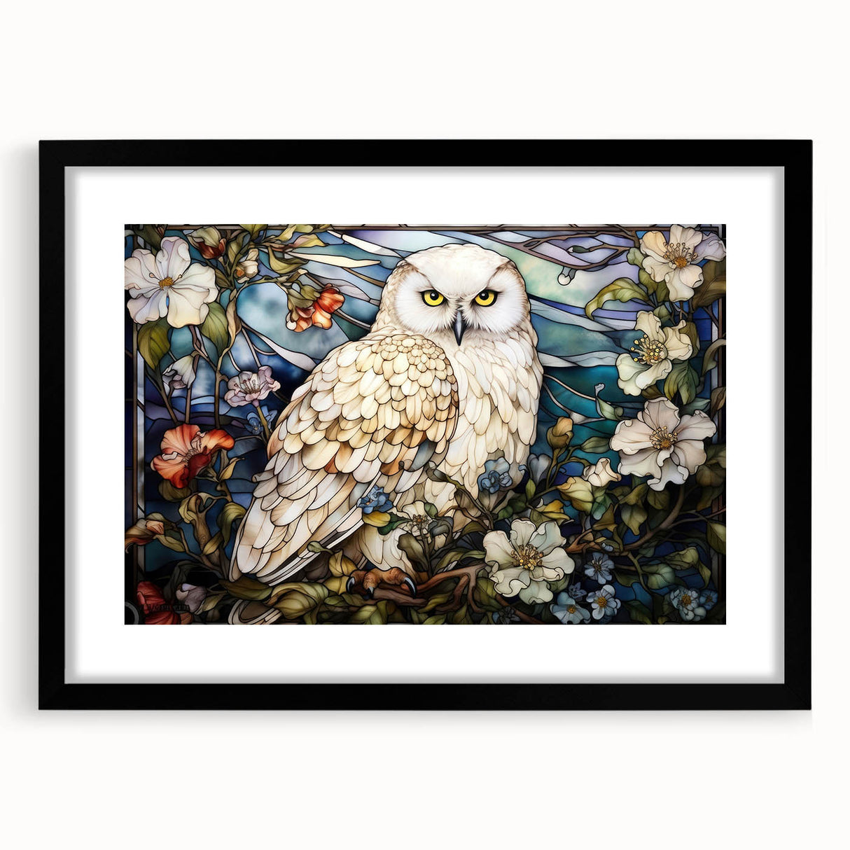 Black-framed wall art collection featuring an intricate owl design, perfect for nature enthusiasts. The piece showcases detailed bird illustrations, adding elegance to any space.