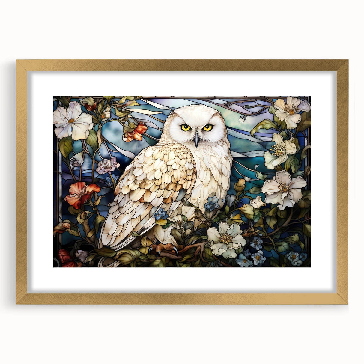 Elegant gold-framed wall art featuring a detailed owl design, showcasing vibrant colors and intricate patterns, perfect for enhancing home decor with a nature-inspired theme.