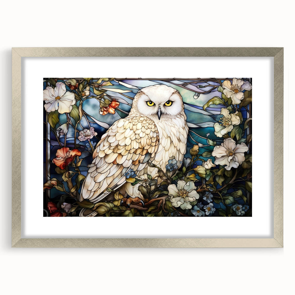Elegant silver-framed wall art featuring a whimsical owl design, complete with a white mat, ideal for enhancing home decor in living spaces or children's rooms.