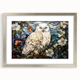 Elegant silver-framed wall art featuring a whimsical owl design, complete with a white mat, ideal for enhancing home decor in living spaces or children's rooms.