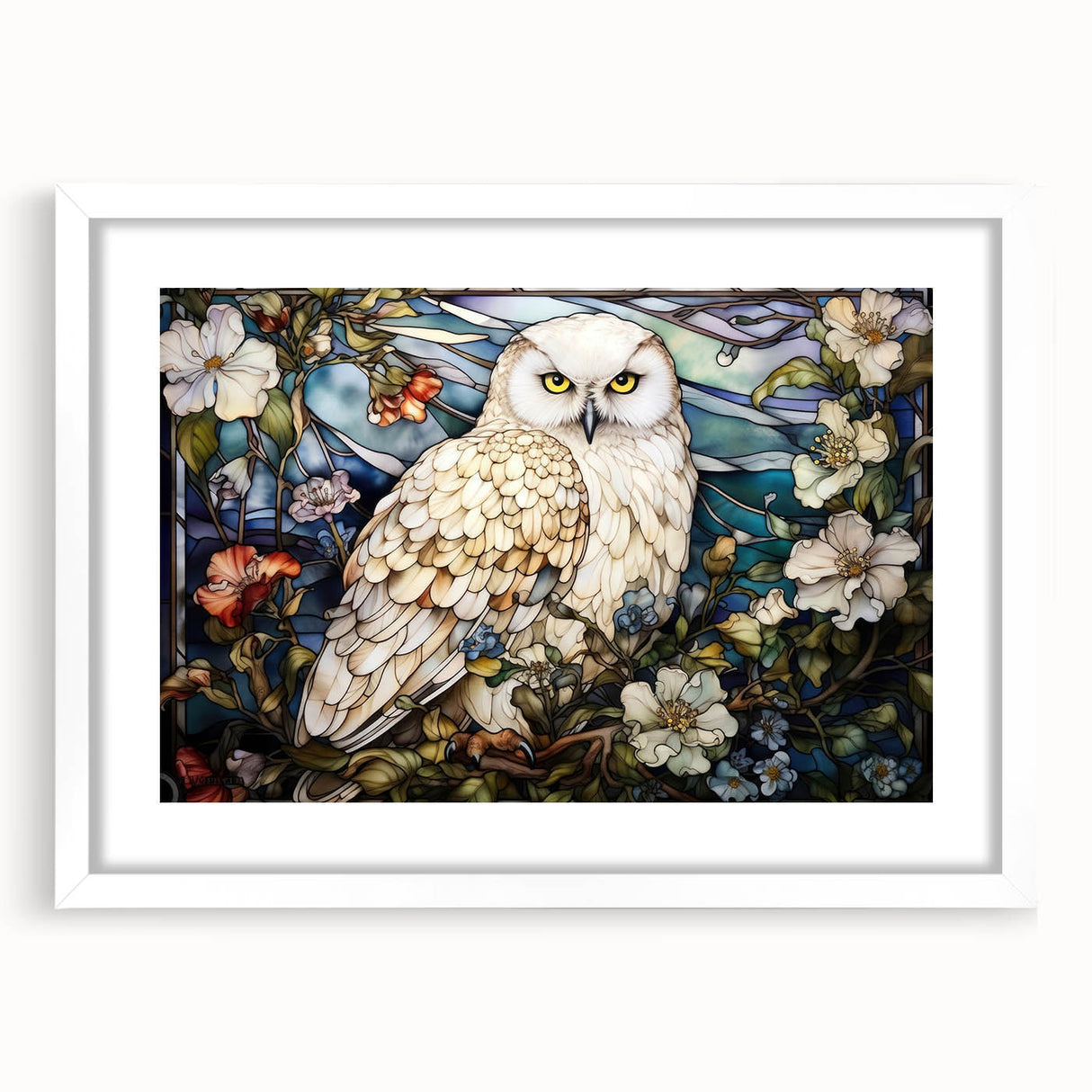 Owl-themed wall art print in a white frame with matting, showcasing intricate bird designs and vibrant colors, ideal for home decor or nature lovers.