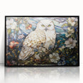 Framed wall art featuring a striking owl design in black acrylic, showcasing intricate details and vibrant colors, perfect for modern home decor.