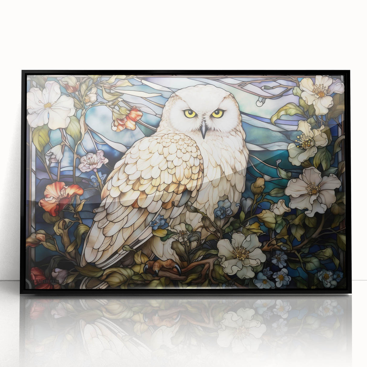 Framed wall art featuring a striking owl design in black acrylic, showcasing intricate details and vibrant colors, perfect for modern home decor.