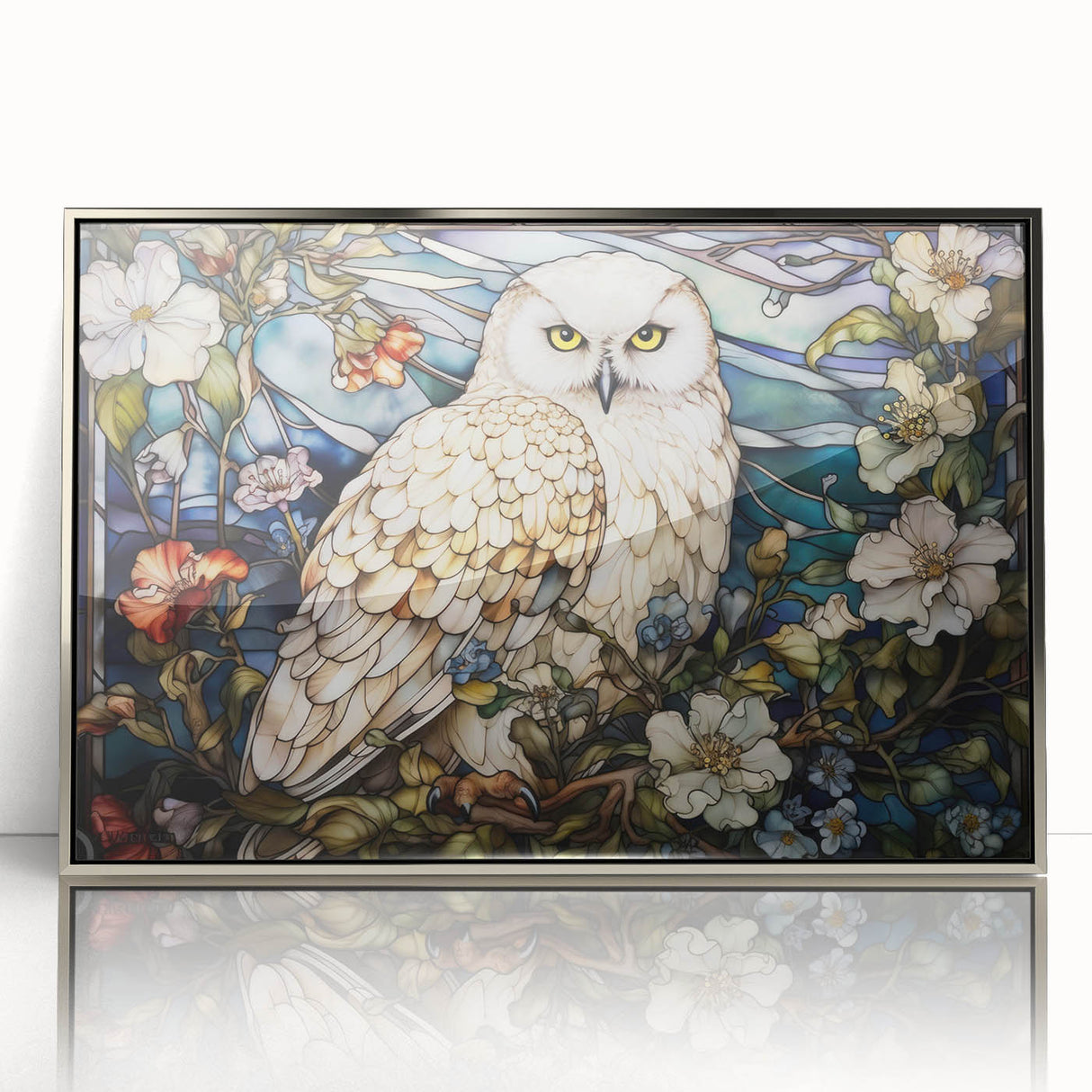 Framed wall art featuring a silver-accented owl design, showcasing intricate details and vibrant colors, perfect for modern home decor and nature enthusiasts.