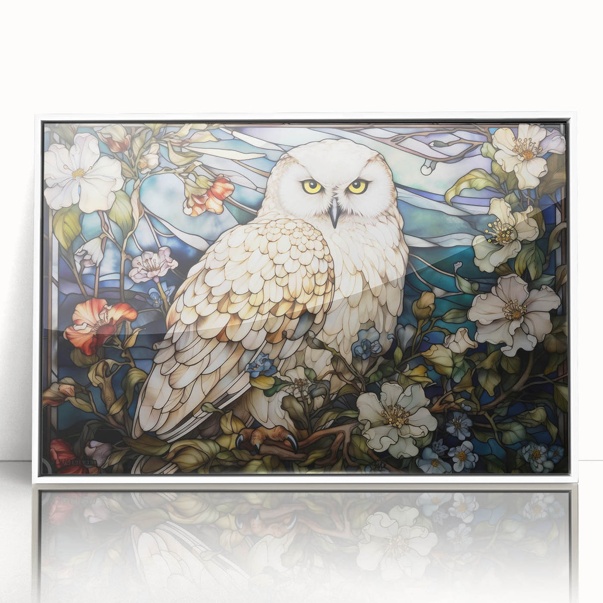 Framed wall art featuring a stylized owl design in vibrant colors, set against a white background, perfect for modern decor and nature lovers.