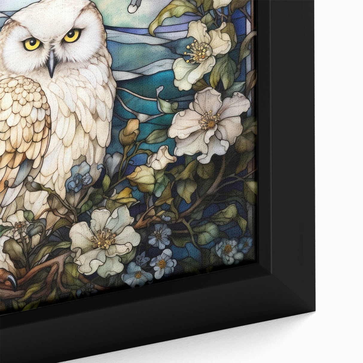 Framed wall art featuring a close-up design of a majestic owl, showcasing intricate details and vibrant colors on a canvas background, perfect for nature enthusiasts.