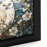 Framed wall art featuring a close-up design of a majestic owl, showcasing intricate details and vibrant colors on a canvas background, perfect for nature enthusiasts.