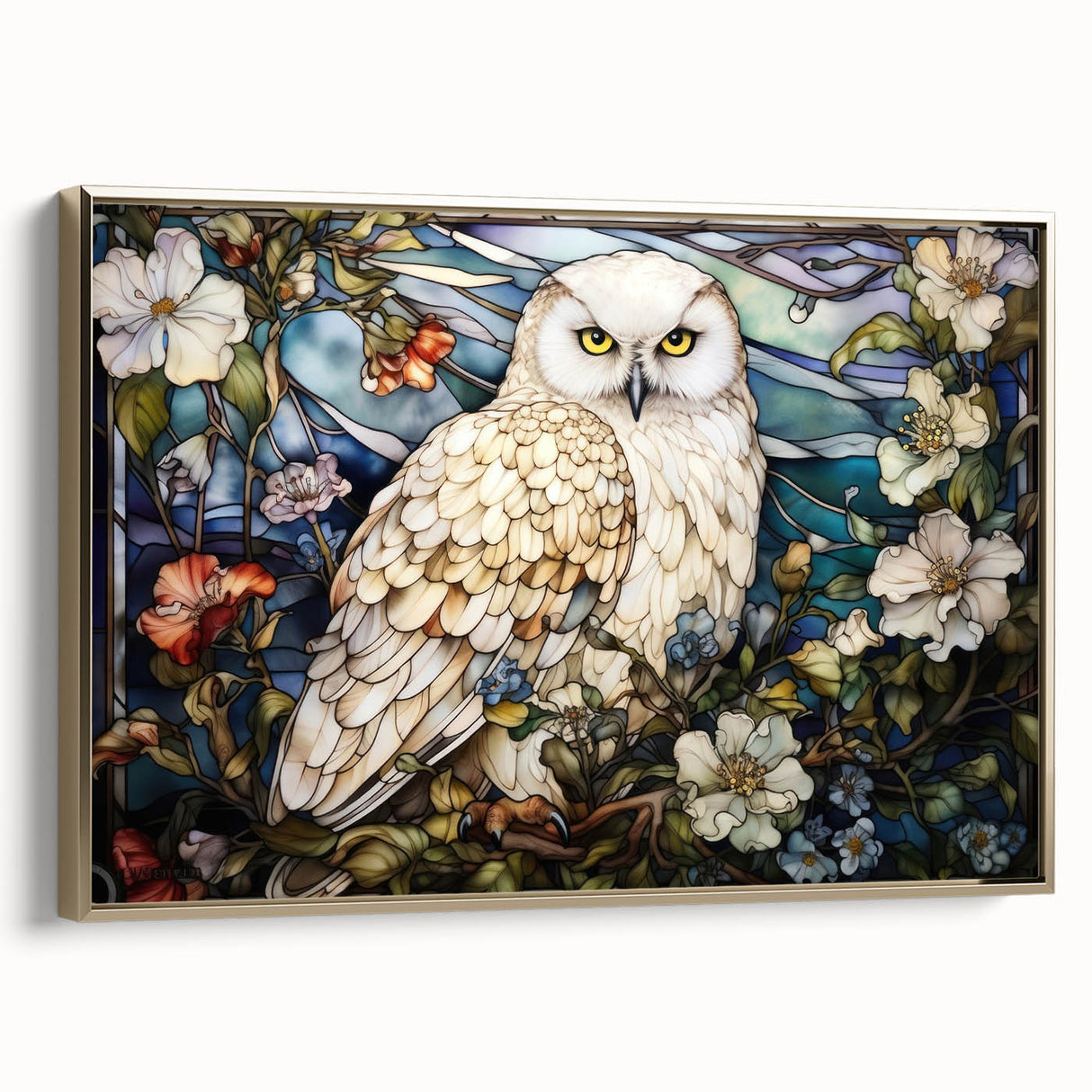 Framed wall art featuring an elegant gold-accented owl design on canvas, showcasing intricate details and textures, ideal for modern home decor.