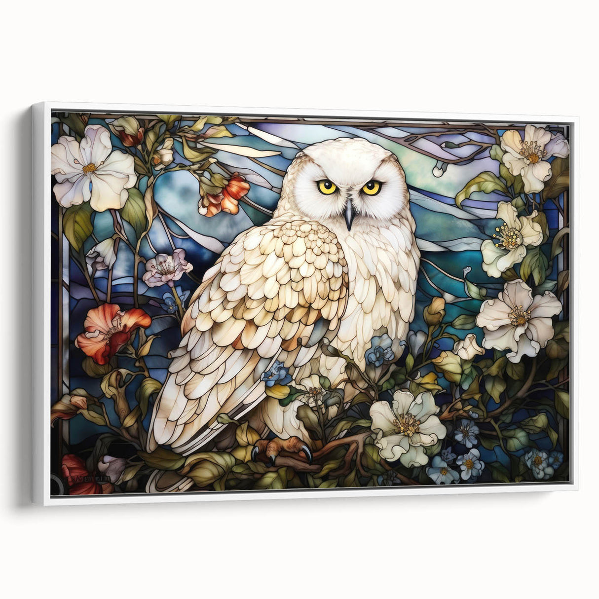 Framed canvas wall art showcasing an artistic owl design, featuring vibrant colors and intricate details, displayed against a white background with a side view perspective. Perfect for nature-themed decor or animal lovers.