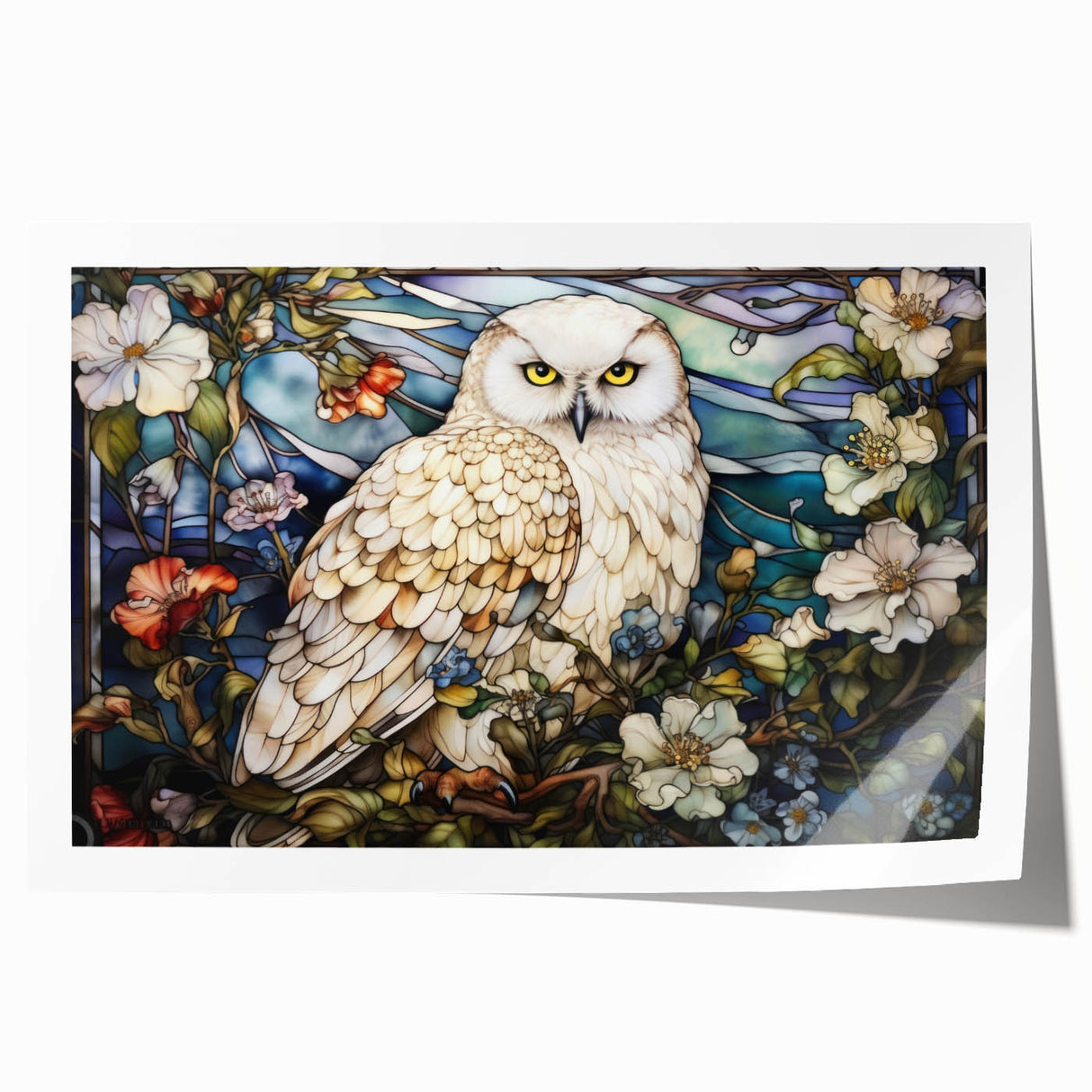 Colorful owl-themed wall art print from the Birds Owl Design collection, showcasing intricate details and vibrant hues, rolled up for easy display and shipping.