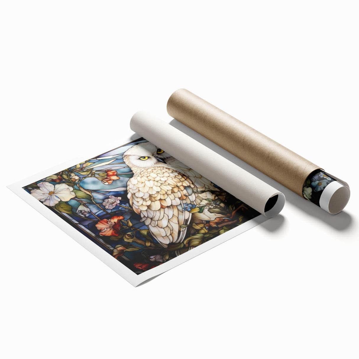 Colorful owl-themed wall art print showcasing intricate designs and patterns, rolled and ready for display, perfect for nature and animal lovers' decor.
