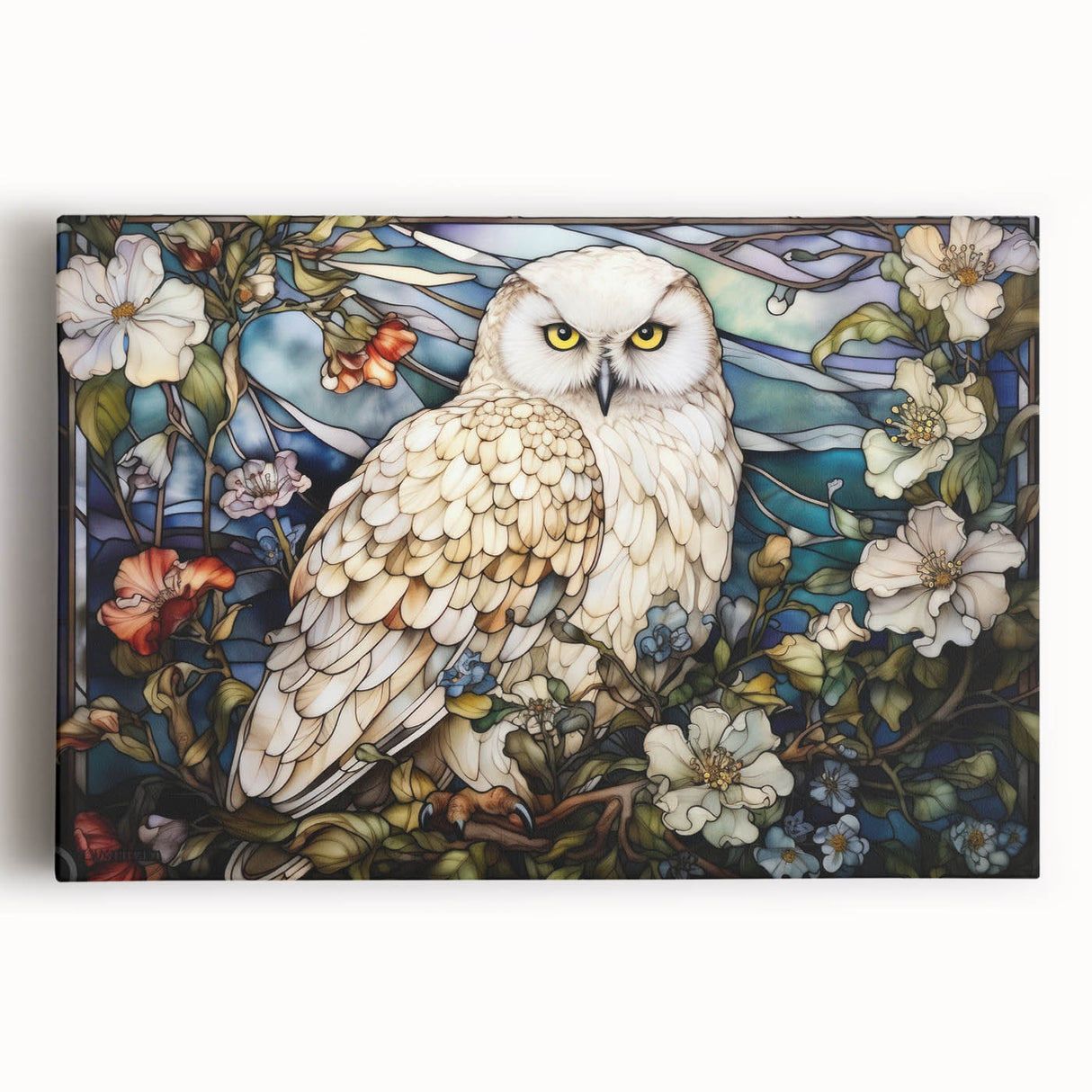 Stretched canvas wall art featuring a striking owl design with intricate details and vibrant colors, perfect for enhancing home decor and showcasing nature's beauty.