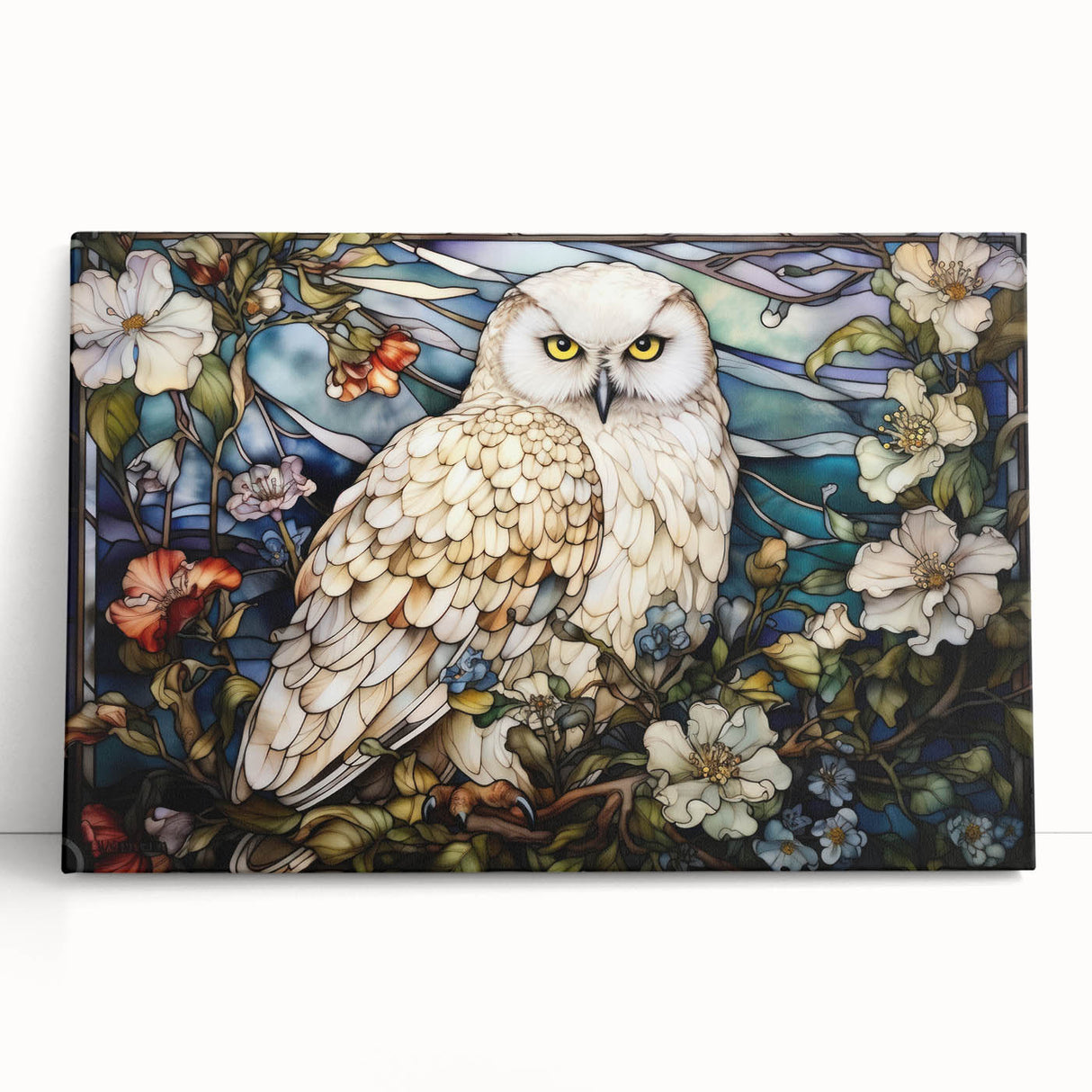 Stretched canvas wall art featuring an intricate owl design, showcasing vibrant colors and detailed patterns, ideal for nature lovers and home decor enthusiasts. This unique artwork adds a whimsical touch to any room, enhancing the aesthetic appeal of your living space.