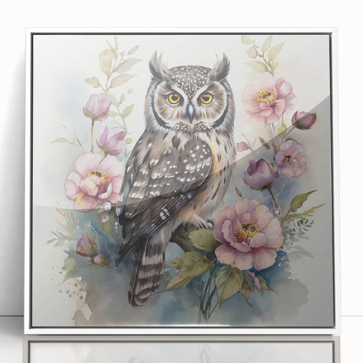 Framed wall art featuring an elegant owl design in a modern acrylic finish, showcasing a white frame that complements the intricate details of the artwork. Perfect for enhancing contemporary home decor with a touch of nature.