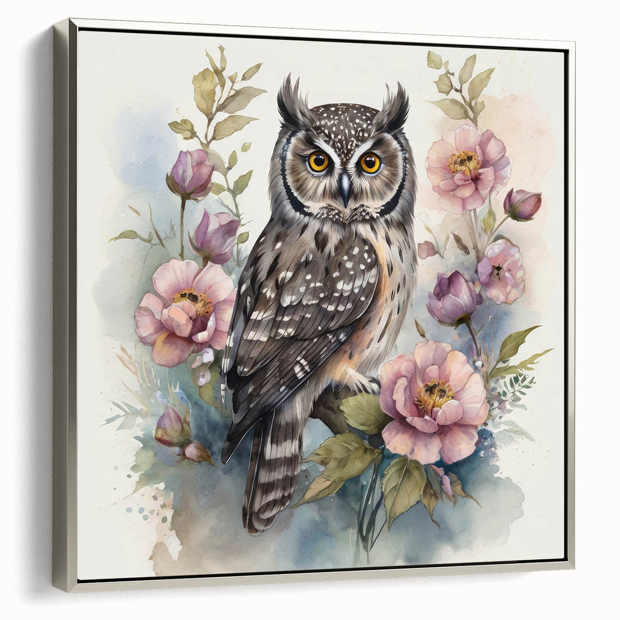 Framed wall art featuring a stunning owl design on canvas with a silver frame, showcasing intricate details and vibrant colors, perfect for home decor.