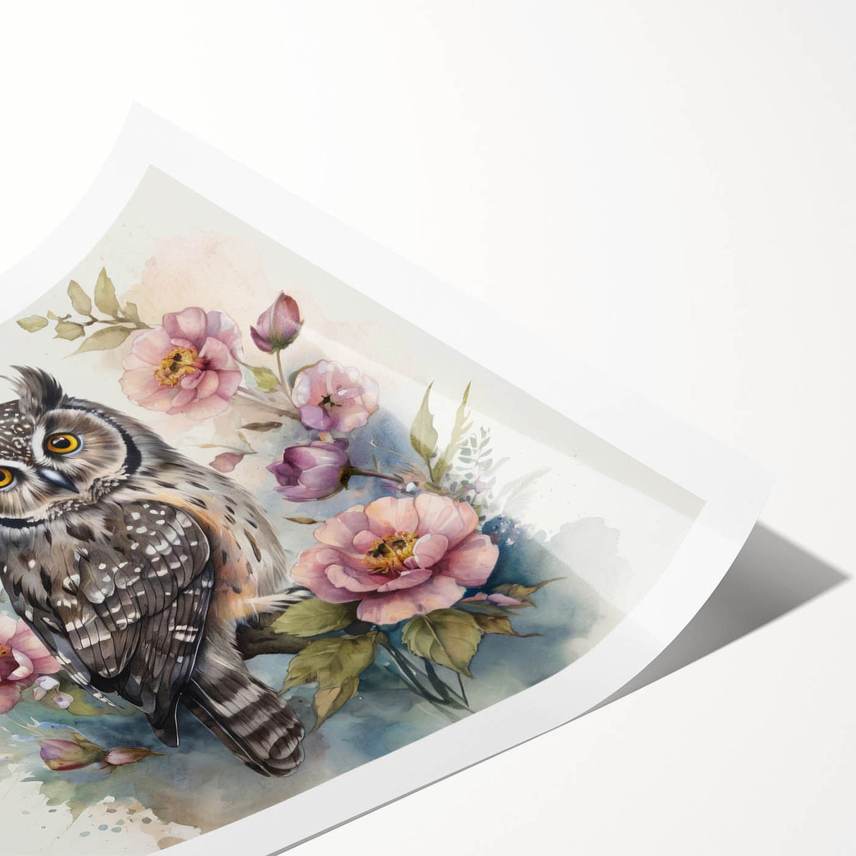 Owl-themed wall art print showcasing intricate designs and vibrant colors, rolled for easy transport and display in home decor settings. Perfect for nature lovers.
