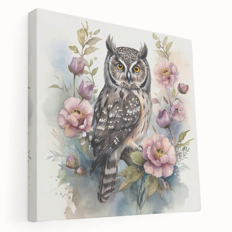 Stretched canvas wall art showcasing an intricately designed owl with vibrant colors, ideal for nature lovers and modern decor, displayed side view against a neutral background.
