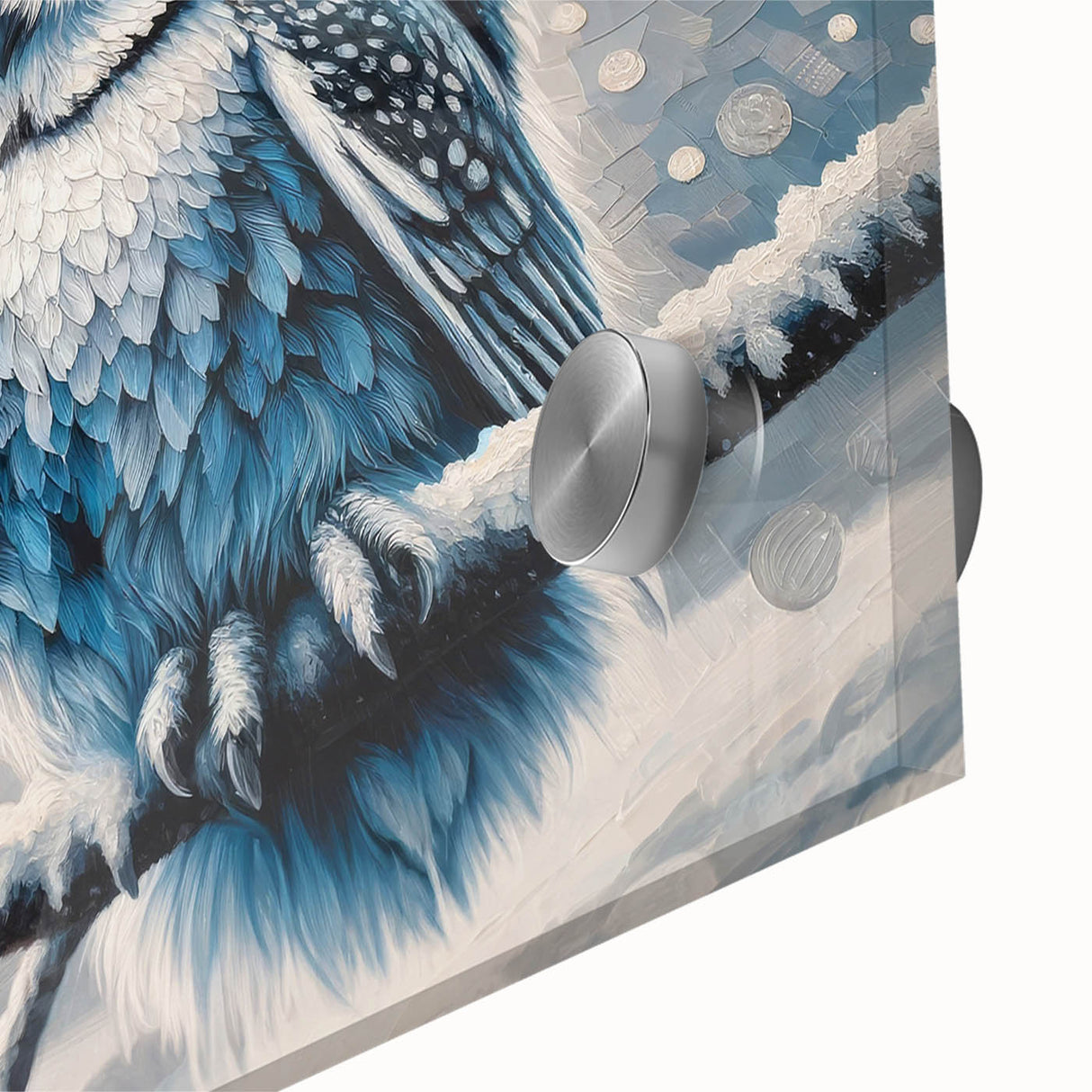 Close-up view of a vibrant acrylic glass wall art piece showcasing a detailed owl design, featuring rich colors and intricate patterns, perfect for home decor.