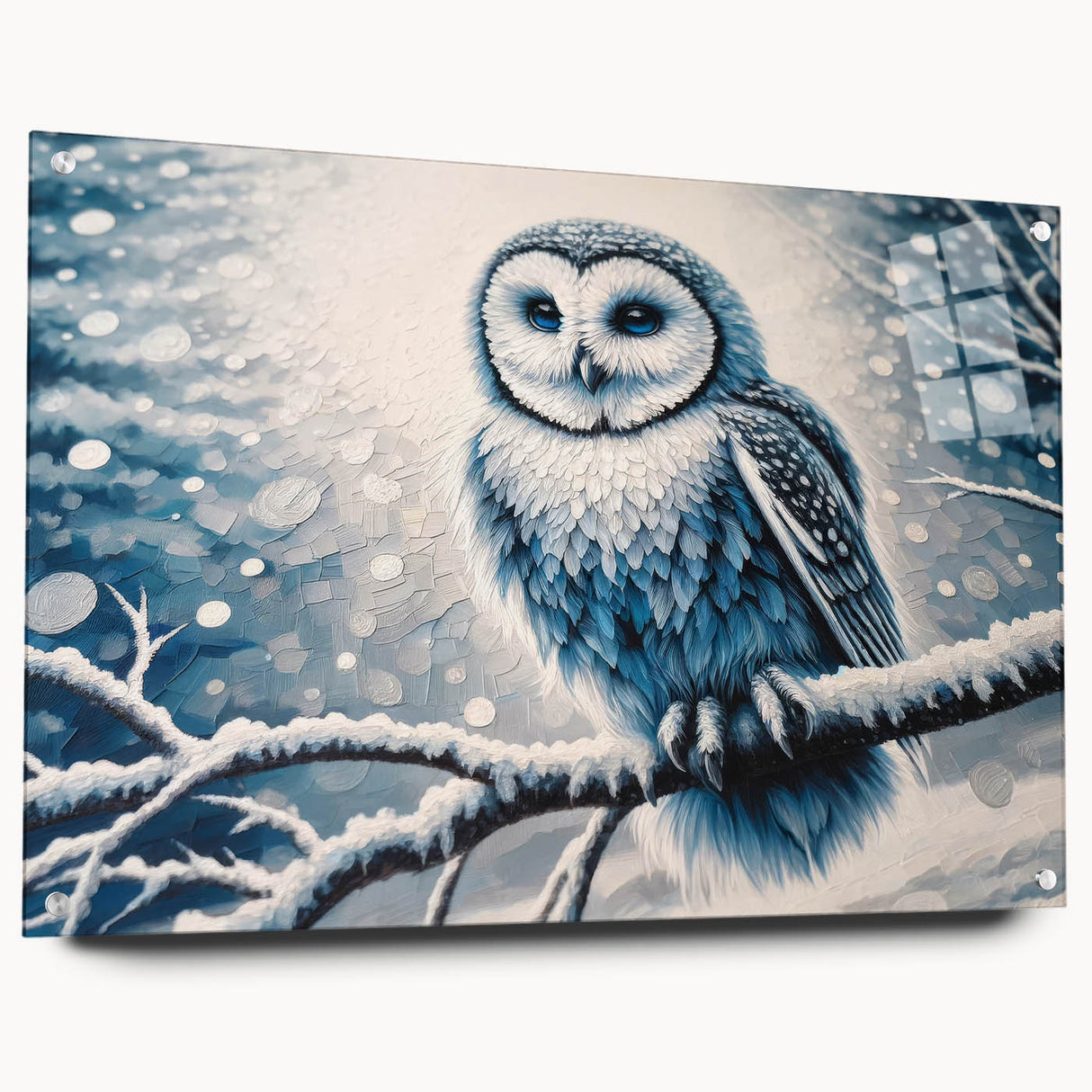 Acrylic glass wall art featuring a detailed owl design, displayed with pins in a modern setting. The vibrant colors and intricate patterns enhance the artistic appeal, perfect for nature lovers and home decor enthusiasts.