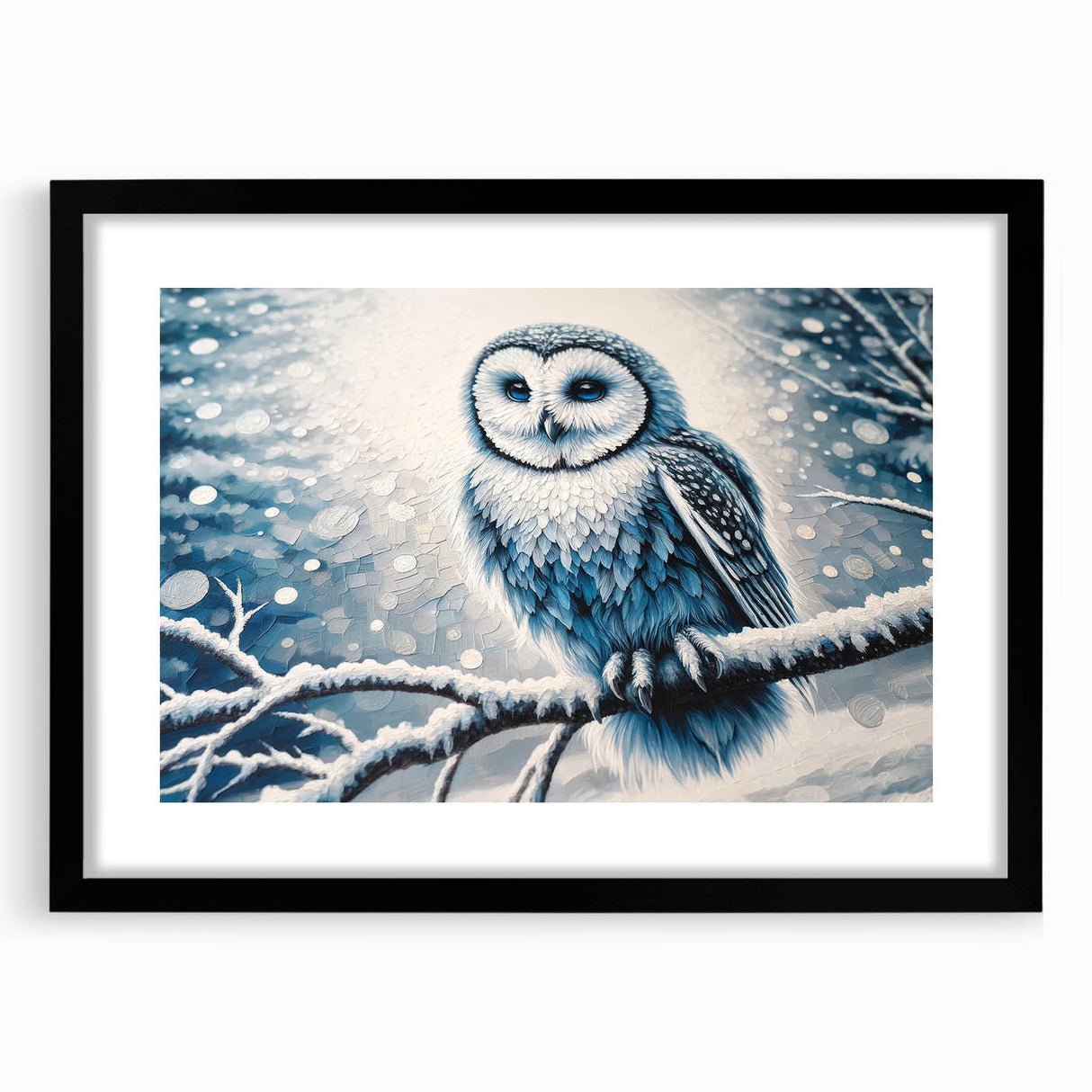 Framed wall art collection featuring a majestic owl design, showcased in a sleek black frame with a mat, perfect for modern home decor. Ideal for bird lovers and nature enthusiasts.