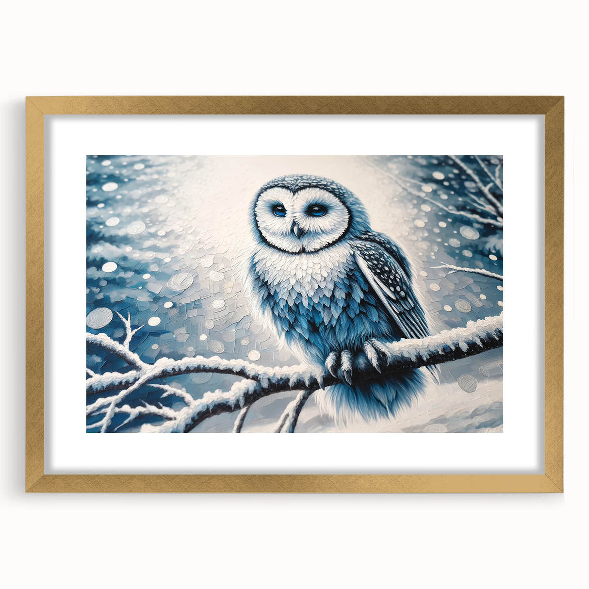 Elegant wall art featuring a gold-framed owl design, showcasing intricate details and vibrant colors, perfect for enhancing home decor and bird-themed spaces.